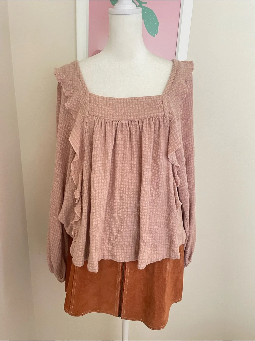 Free People Bonnie Blouse Dusty Pink Textured Ruffle Boho Top Size Small